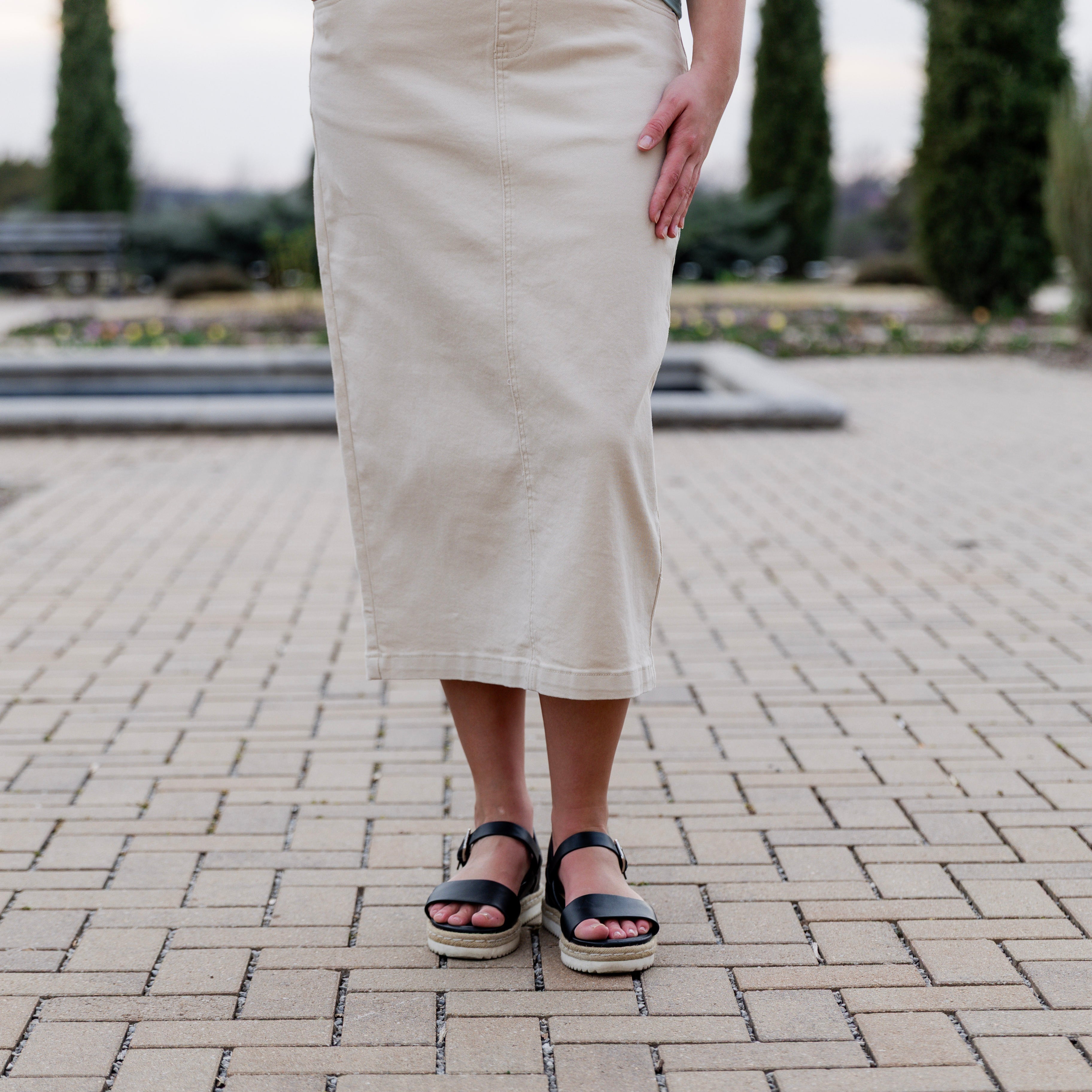 Model wearing Nuggles® modest 34" Denim Skirt.