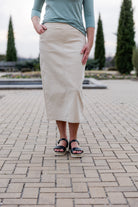 Model wearing Nuggles® modest 34" Denim Skirt.