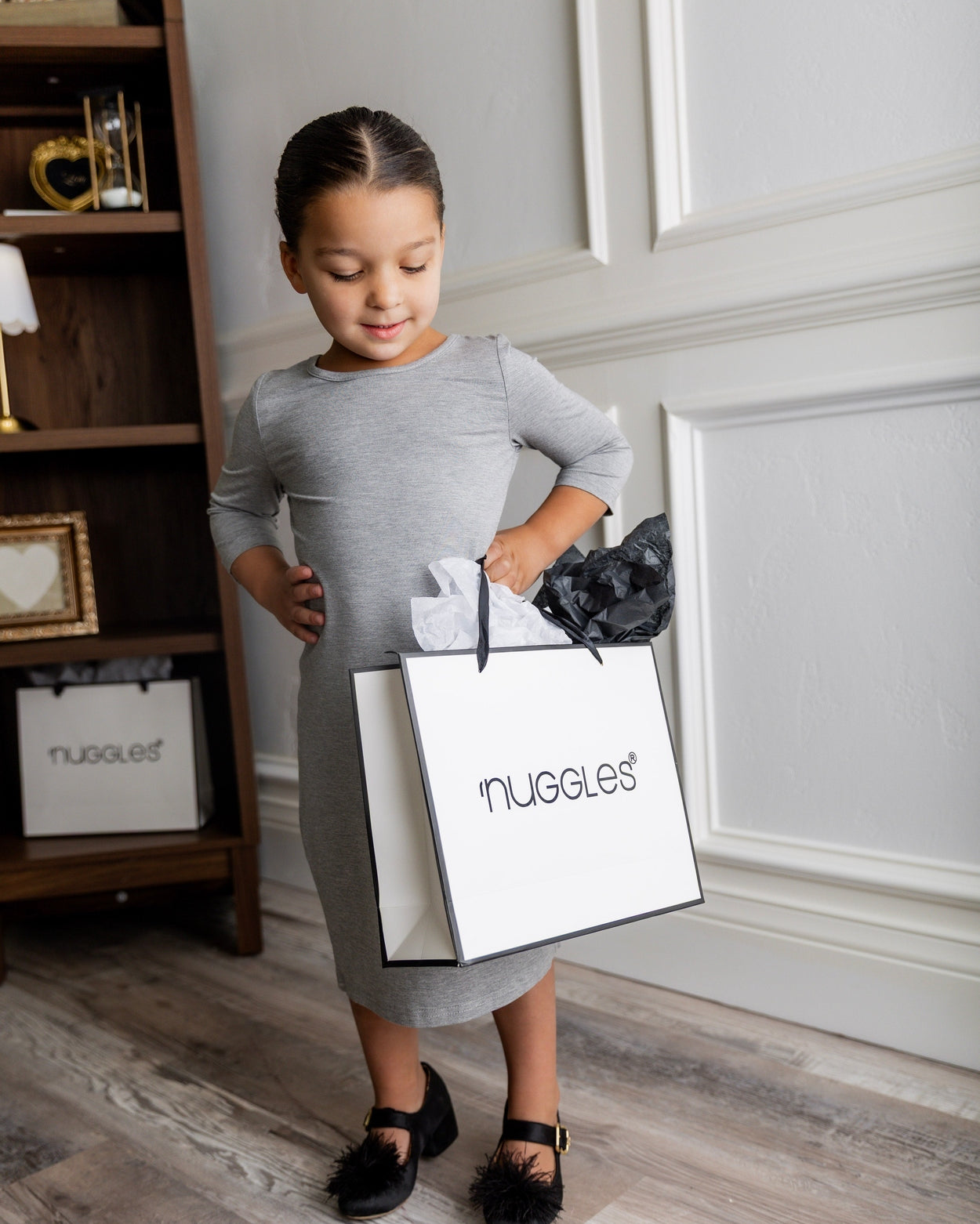 Model wearing Nuggles® Girls Midi Layering Dress in Light Heather