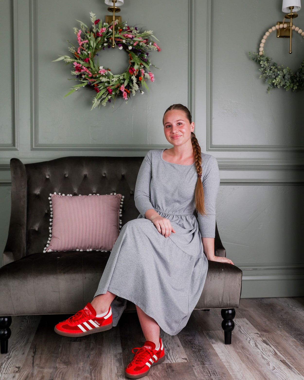 Model wearing Nuggles® Nova Dress in Heather Gray