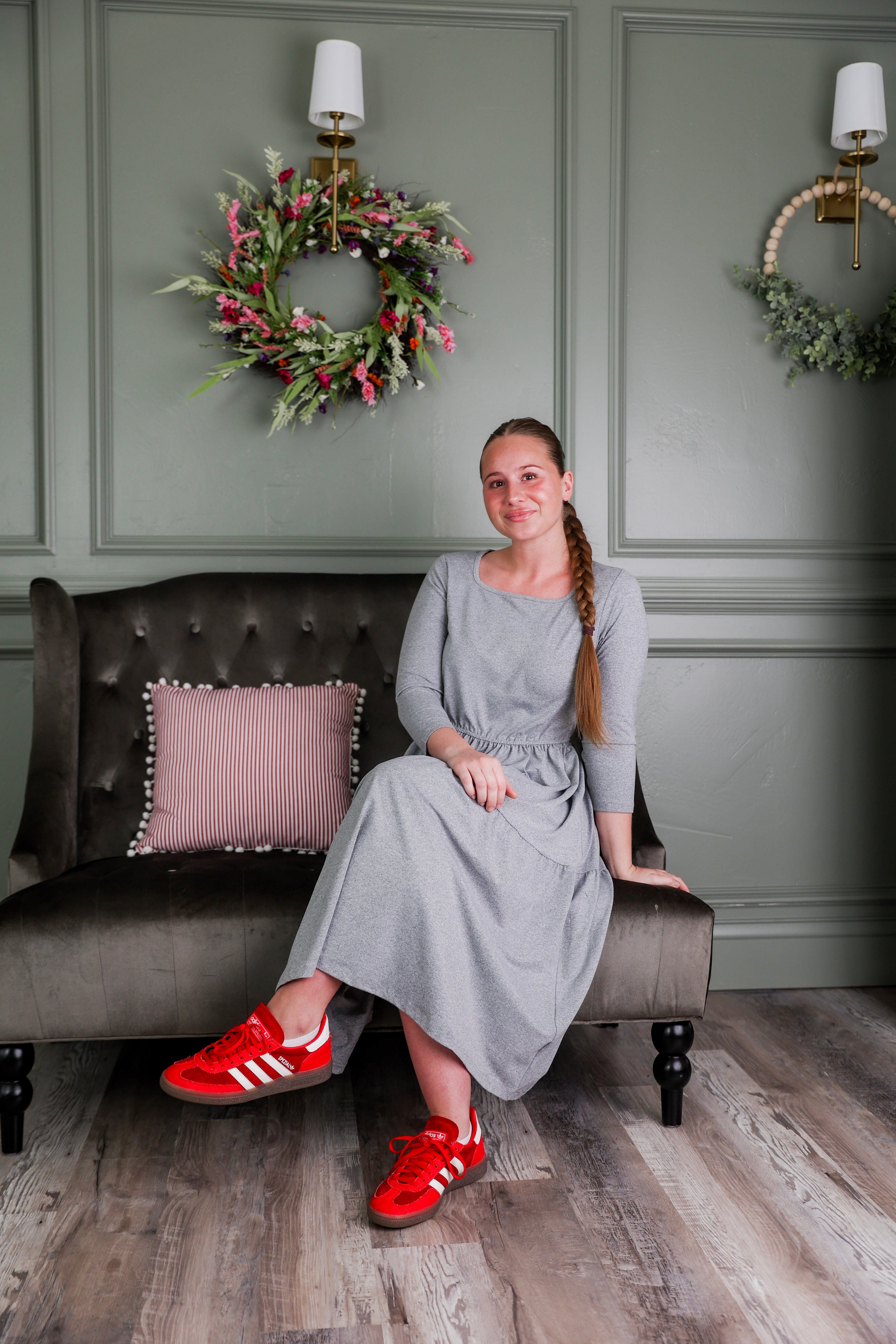 Model wearing Modest Nuggles® Nova Dress in Heather Gray