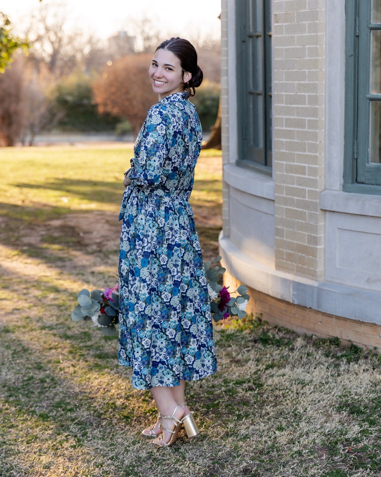 Model wearing the Nuggles® Rachel Dress in Storm Brush