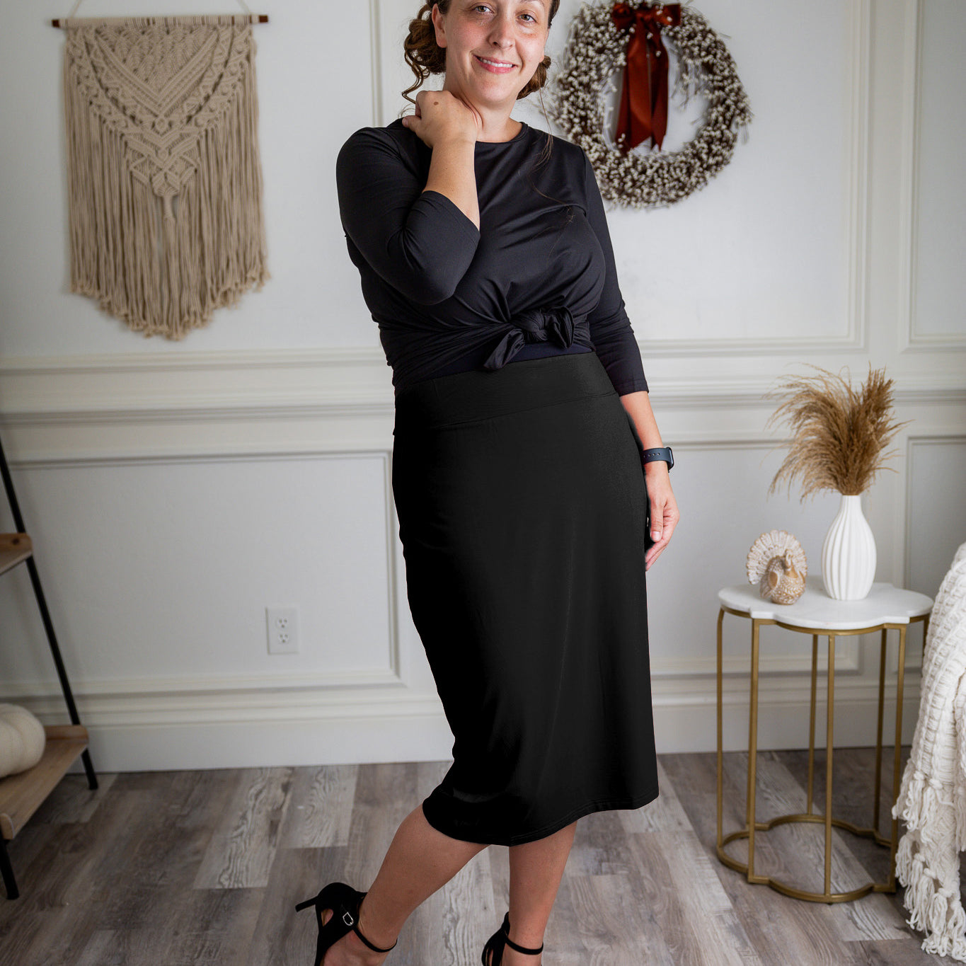 27-inch inch modest midi tee skirts in solid colors, prints, featuring a wide yoga-style waistband and soft stretch t-shirt fabric