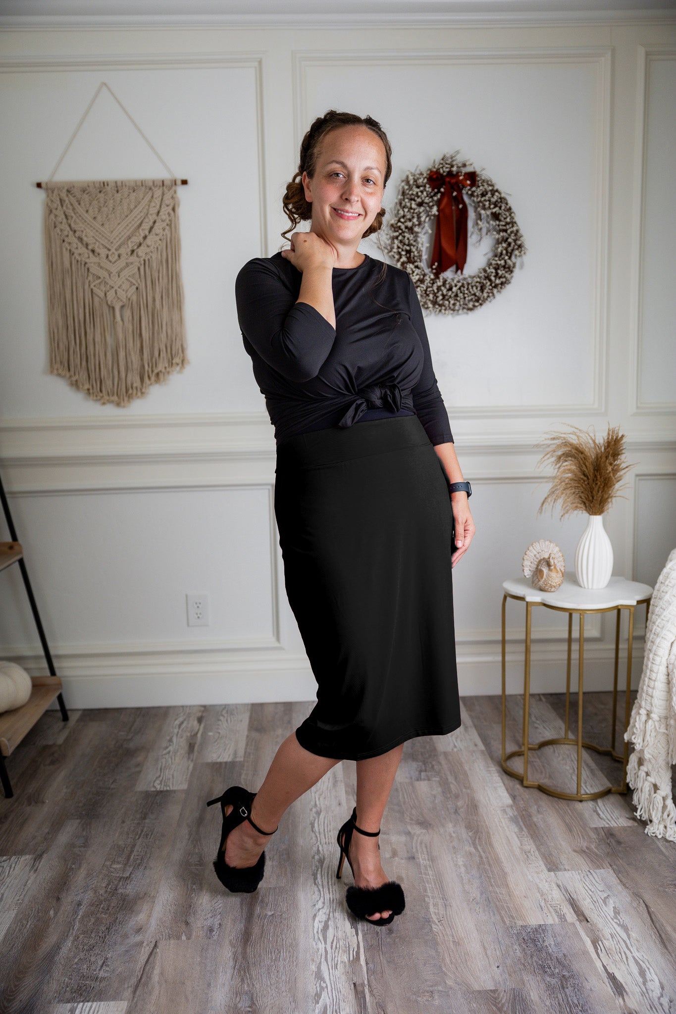 27-inch inch modest midi tee skirts in solid colors, prints, featuring a wide yoga-style waistband and soft stretch t-shirt fabric