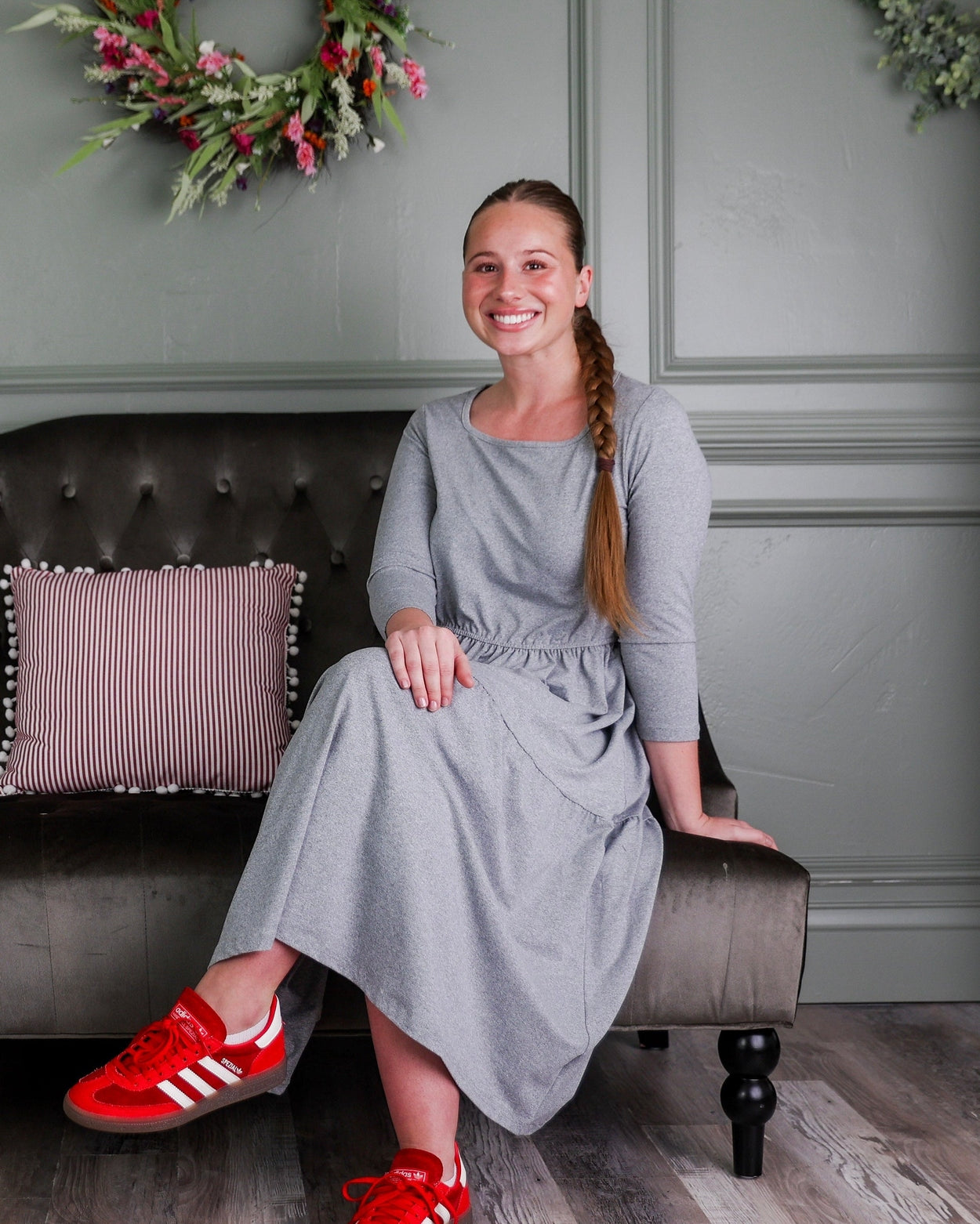 Model wearing Nuggles® Nova Dress in Heather Gray