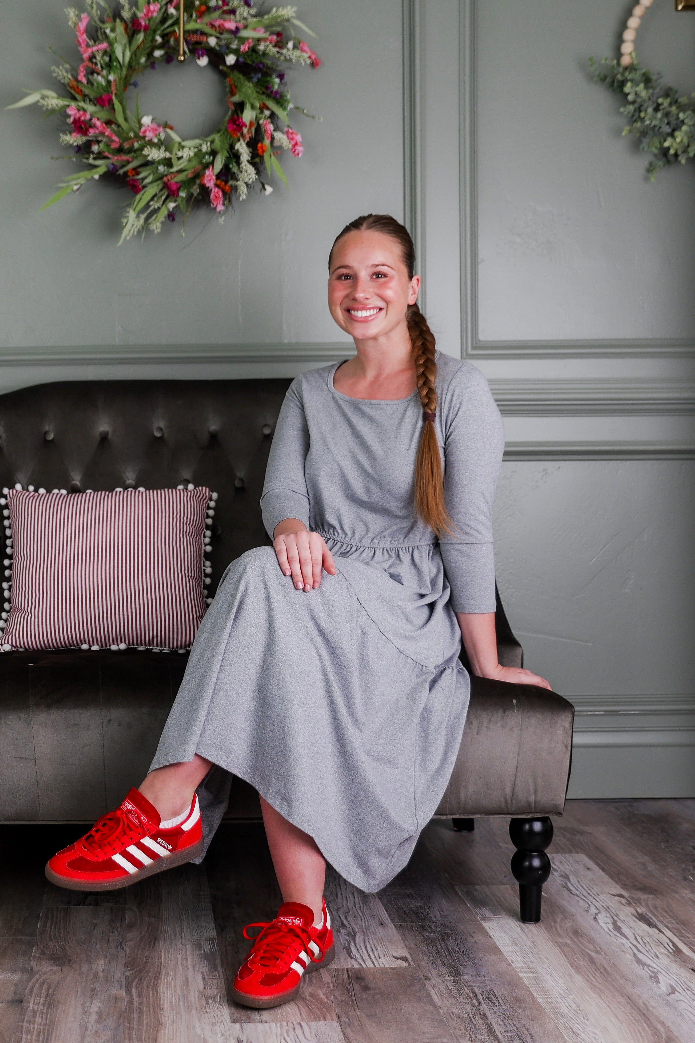 Model wearing Modest Nuggles® Nova Dress in Heather Gray