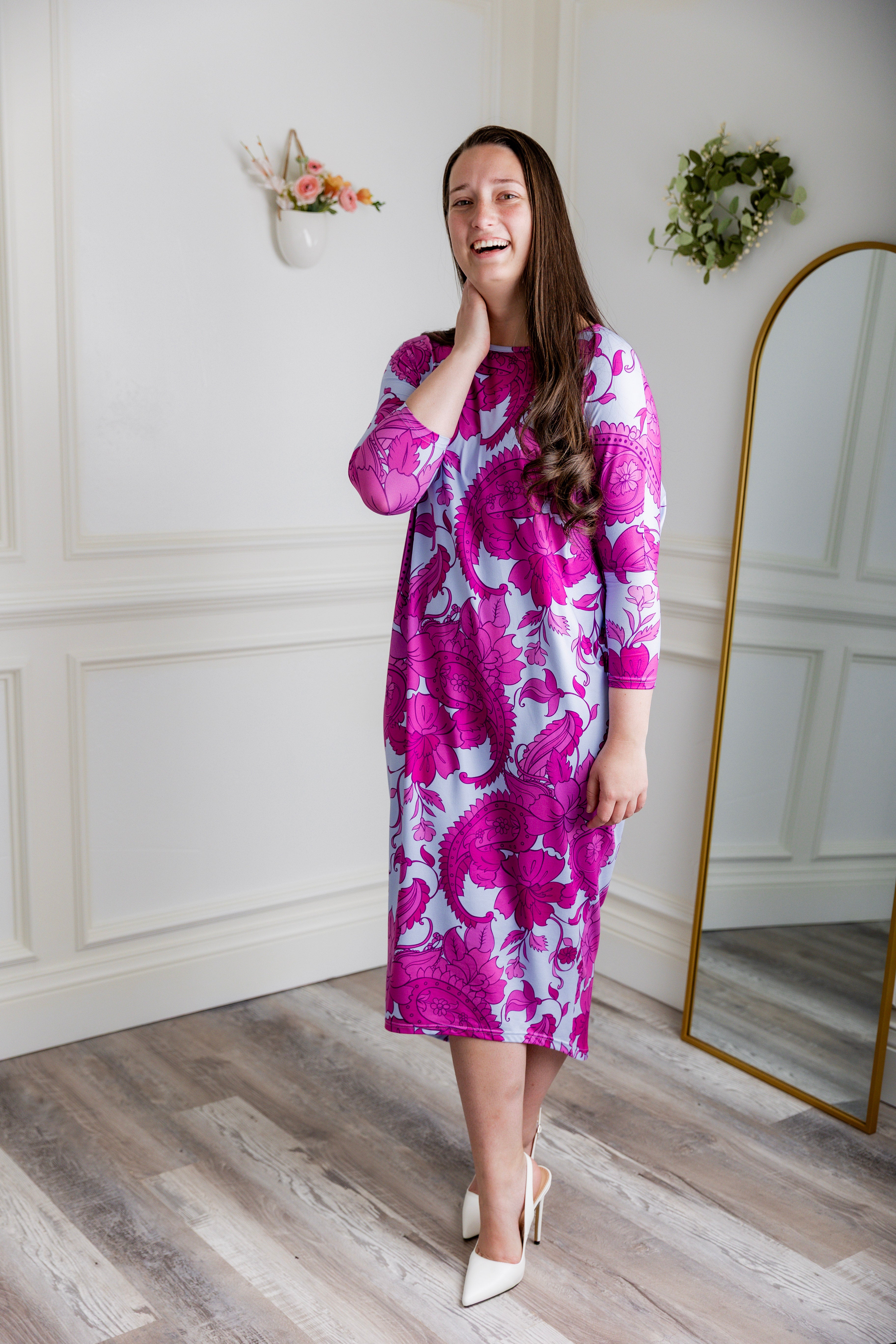 Modest dolman sleeve dress for women with relaxed fit and tapered hem, made from soft stretch knit fabric – perfect for everyday wear.