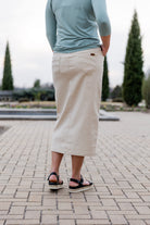 Model wearing Nuggles® modest 34" Denim Skirt.