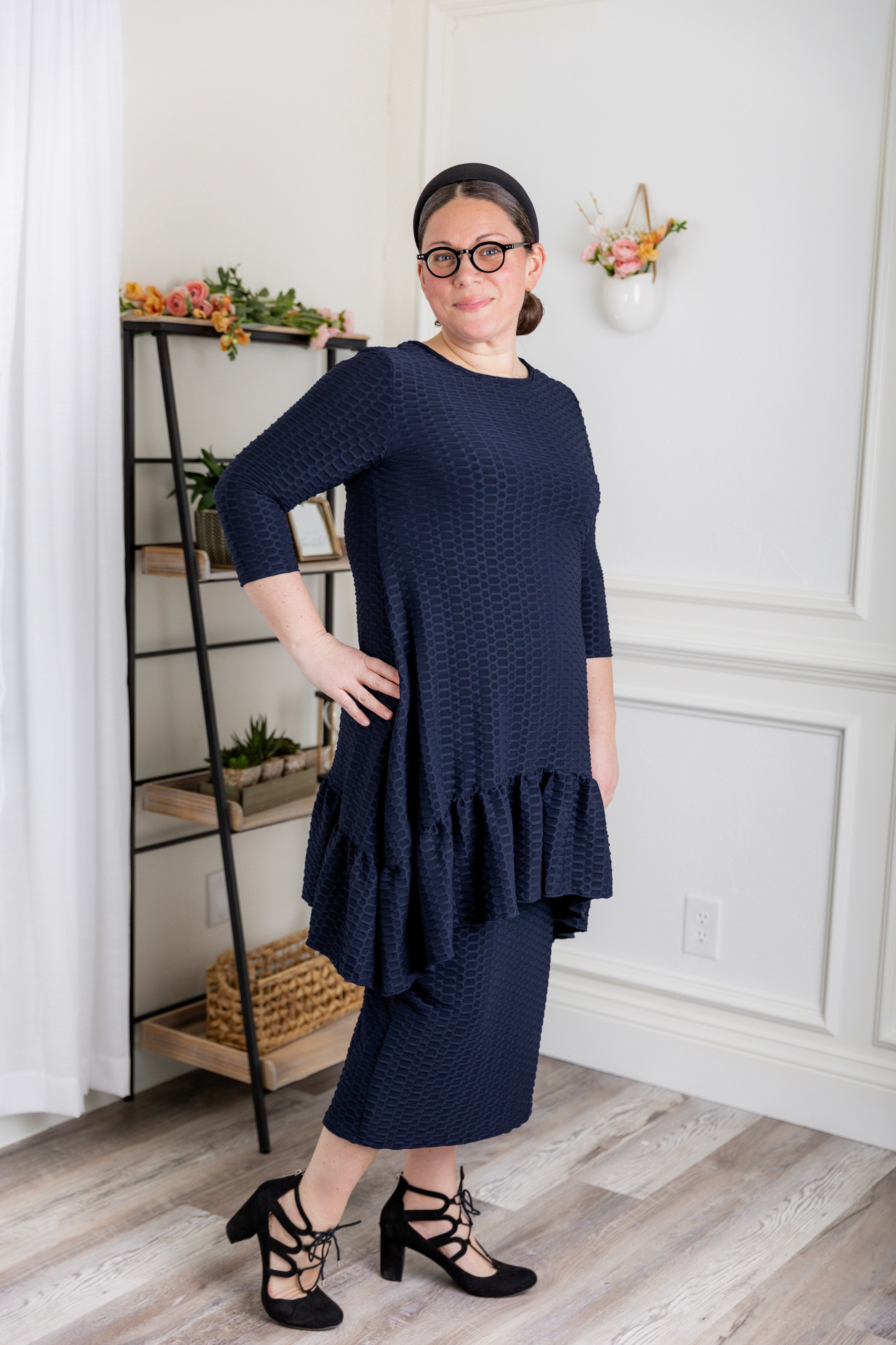 Modest solid Rose Top for women in textured fabric, long hip-length cut, paired with matching midi skirt from Nuggles®