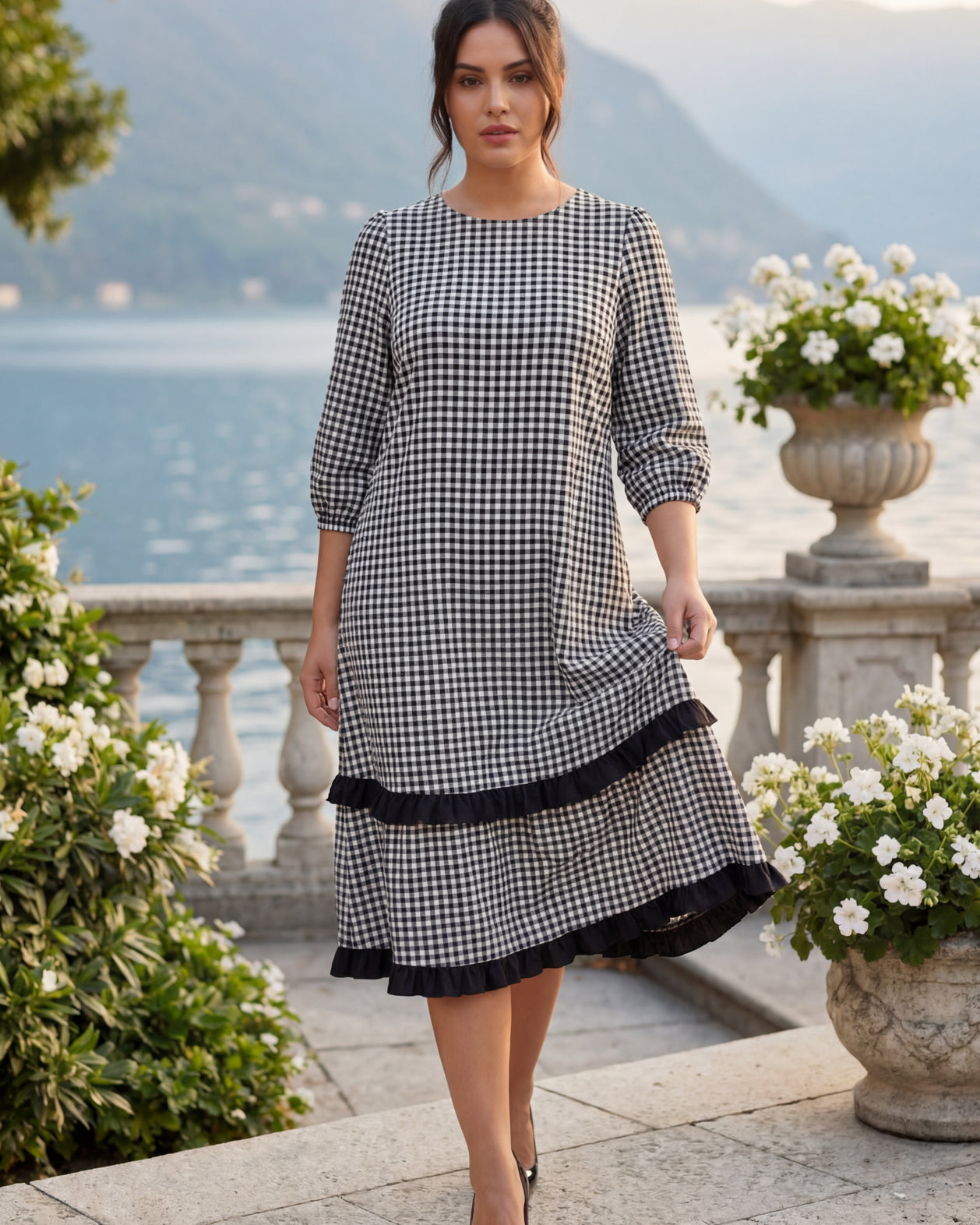 Model wearing Nuggles® Patricia Dress in Peppergrid