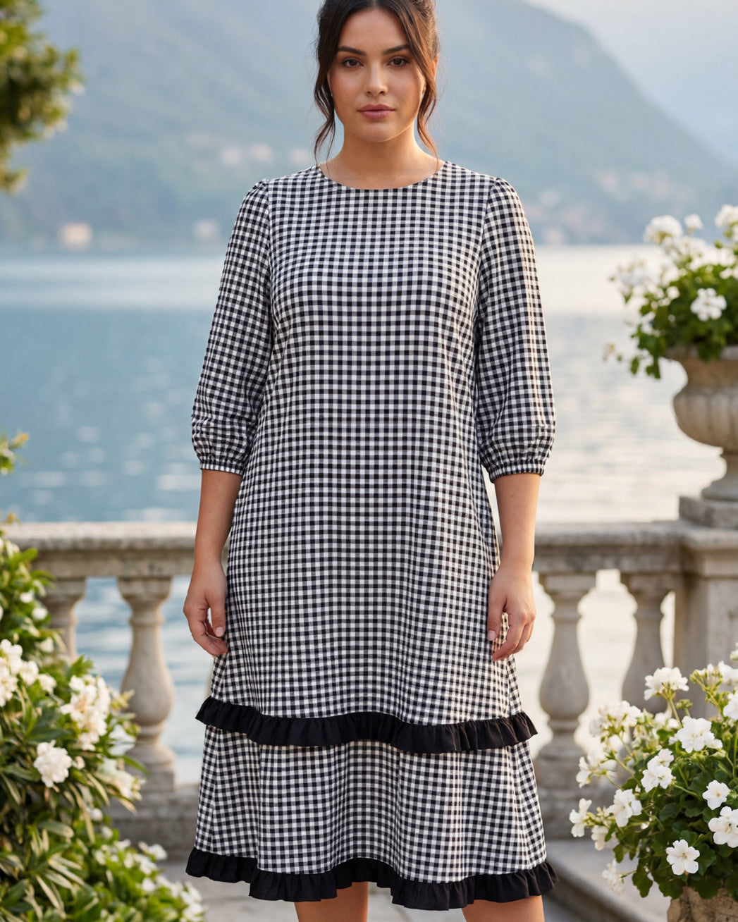 Model wearing Nuggles® Patricia Dress in Peppergrid