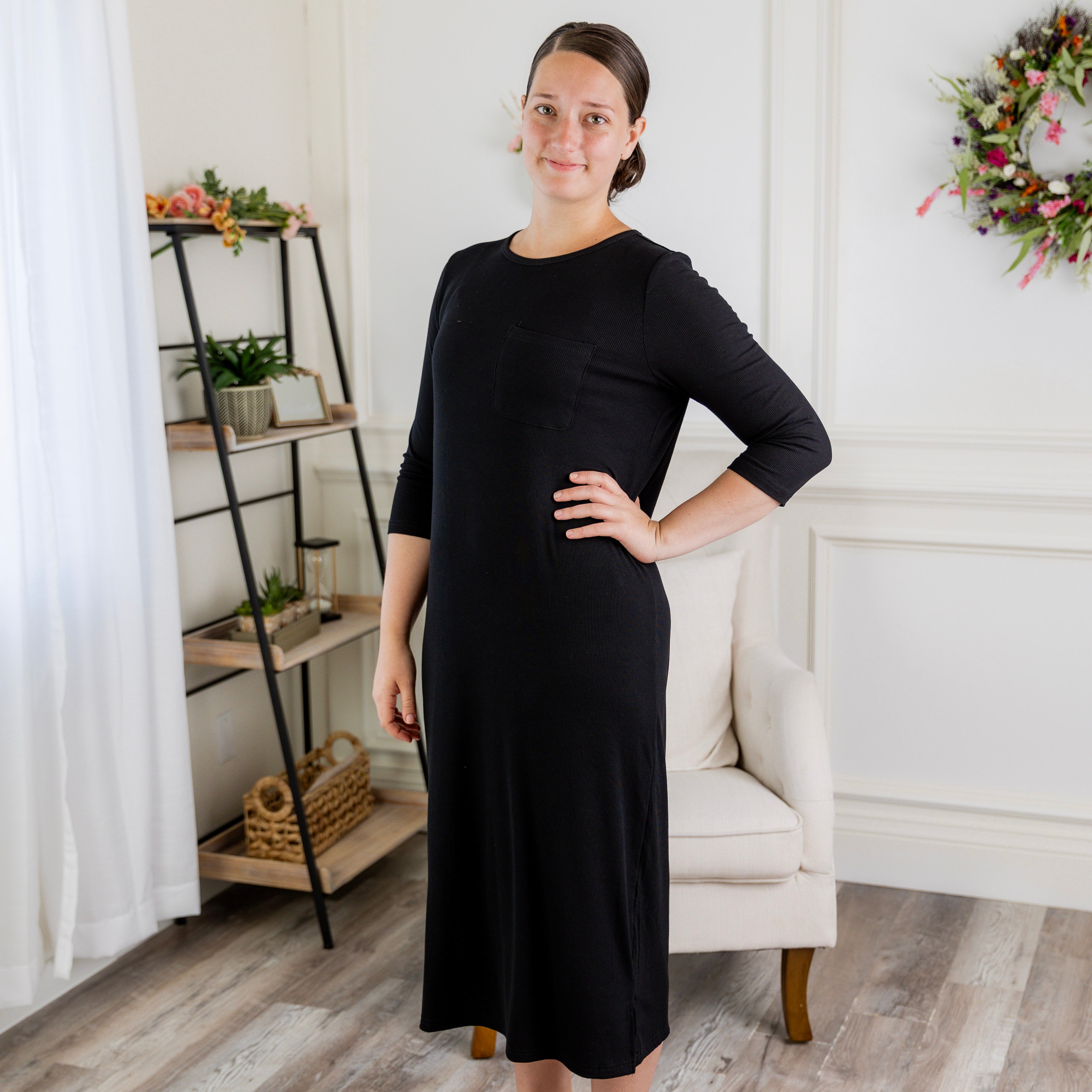 Nuggles® Allie Dress – Modest ribbed knit T-shirt dress with 3/4 sleeves and front pocket.