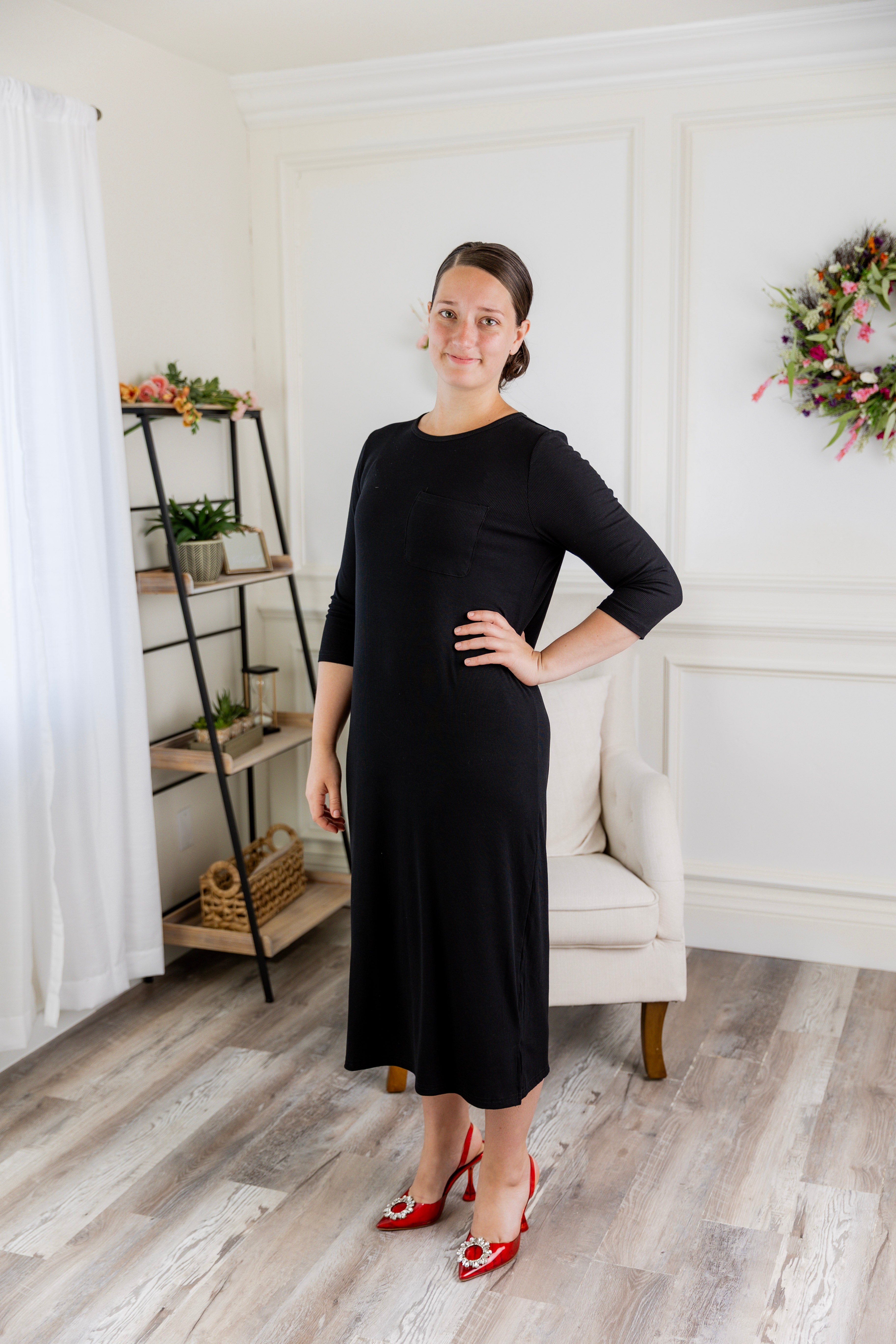 Nuggles® Allie Dress – Modest ribbed knit T-shirt dress with 3/4 sleeves and front pocket.