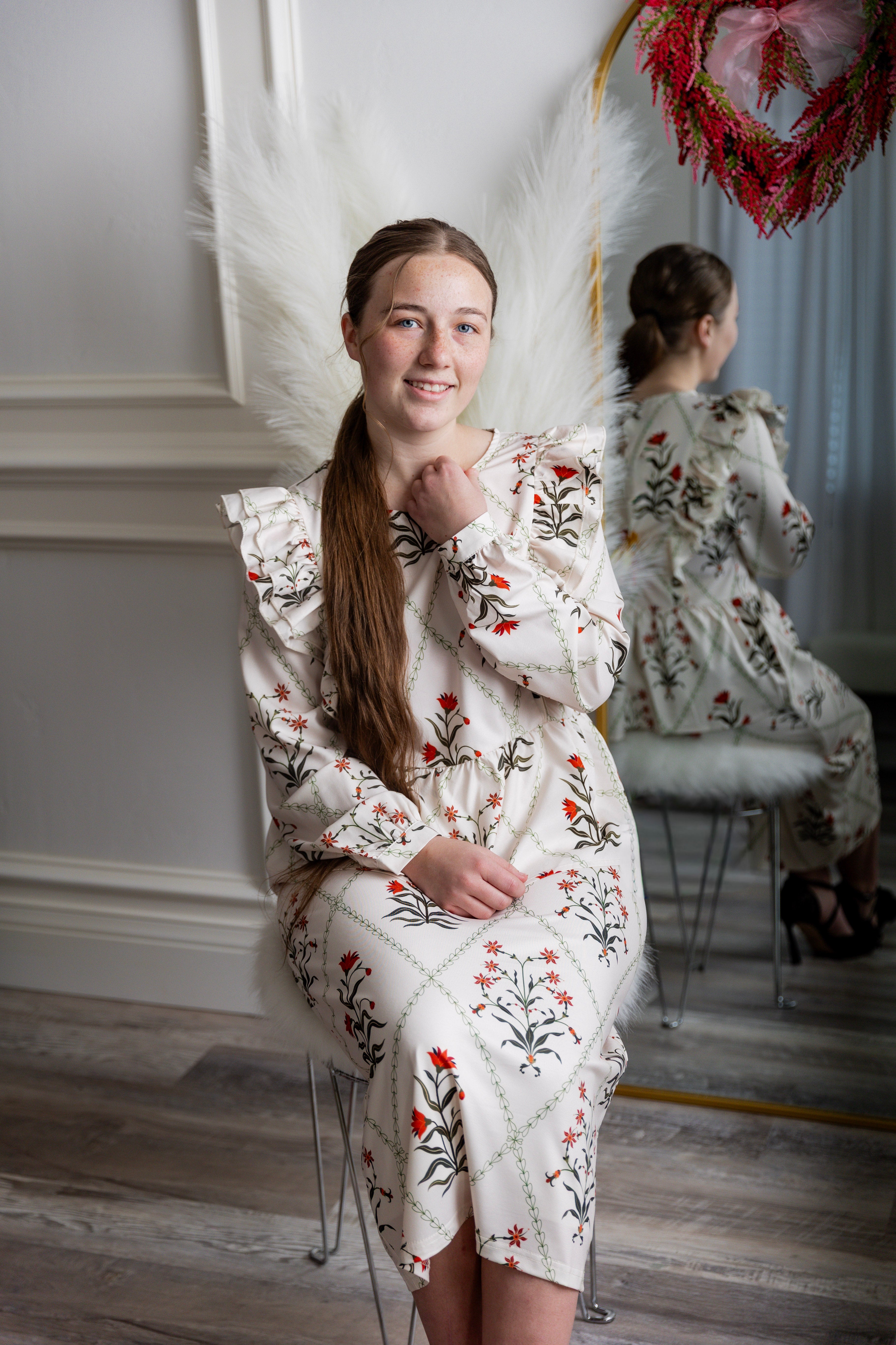 Model wearing modest Nuggles® 31" Lined Pencil Skirt in Ivory Spring