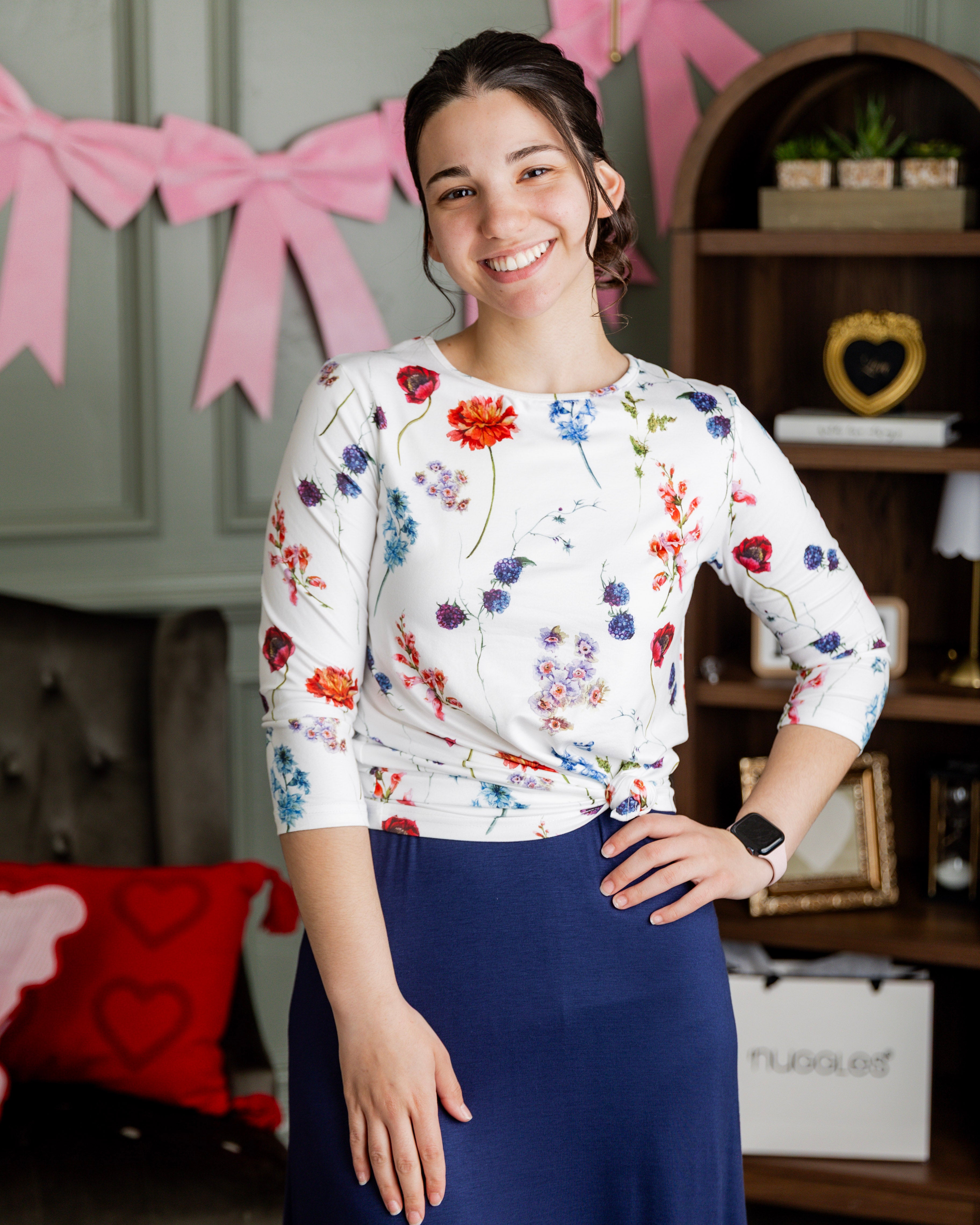 Model wearing Nuggles® 3/4 Essential Tee in Sunday Wildflowers