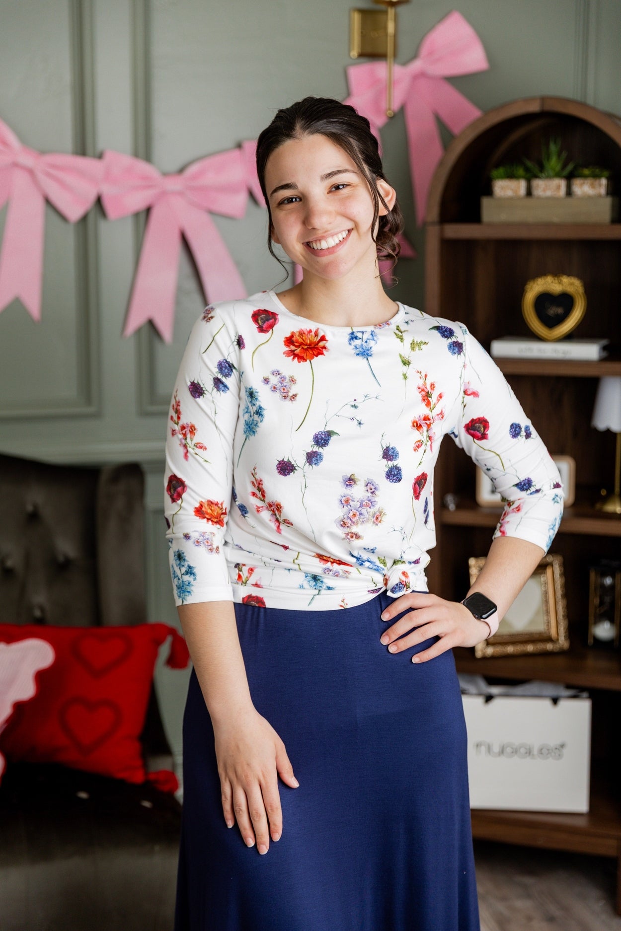 Model wearing Nuggles® 3/4 Essential Tee in Sunday Wildflowers