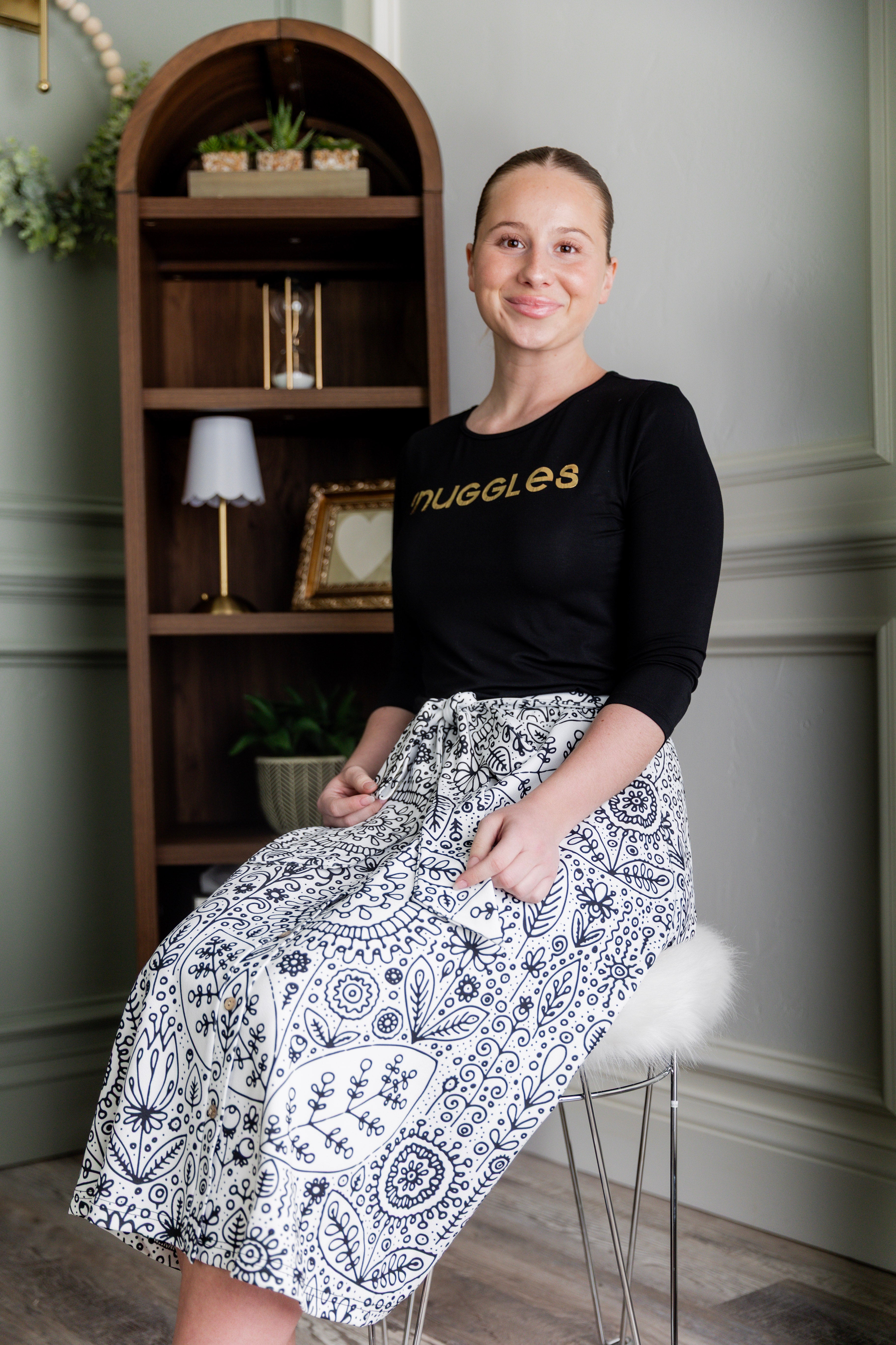 Nuggles® Bria Skirt Sunday Sketch doodle print midi skirt with waist tie