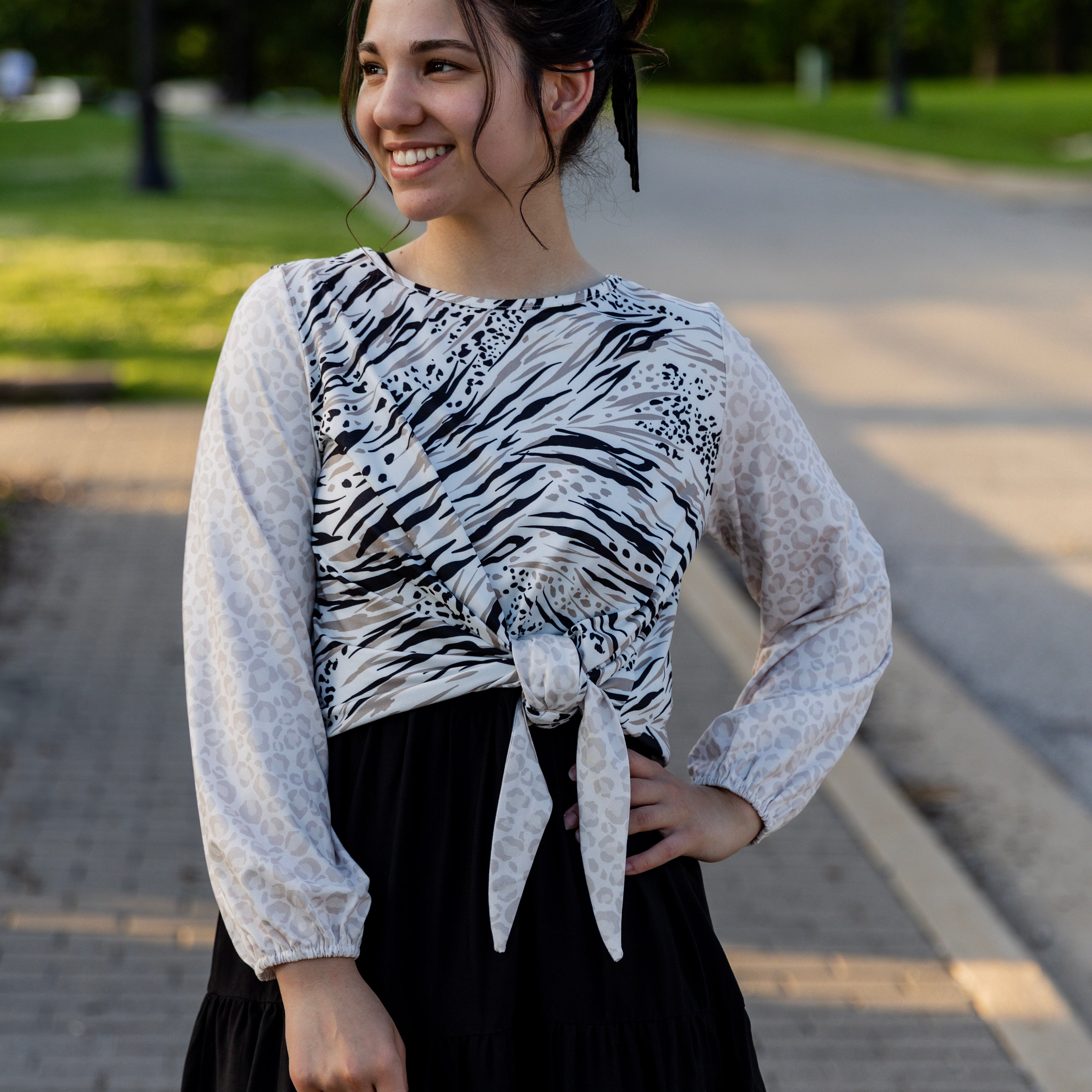 Modest long sleeve top with front knot and loose fit – Kimmy Top by Nuggles®