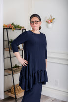 Modest solid Rose Top for women in textured fabric, long hip-length cut, paired with matching midi skirt from Nuggles®