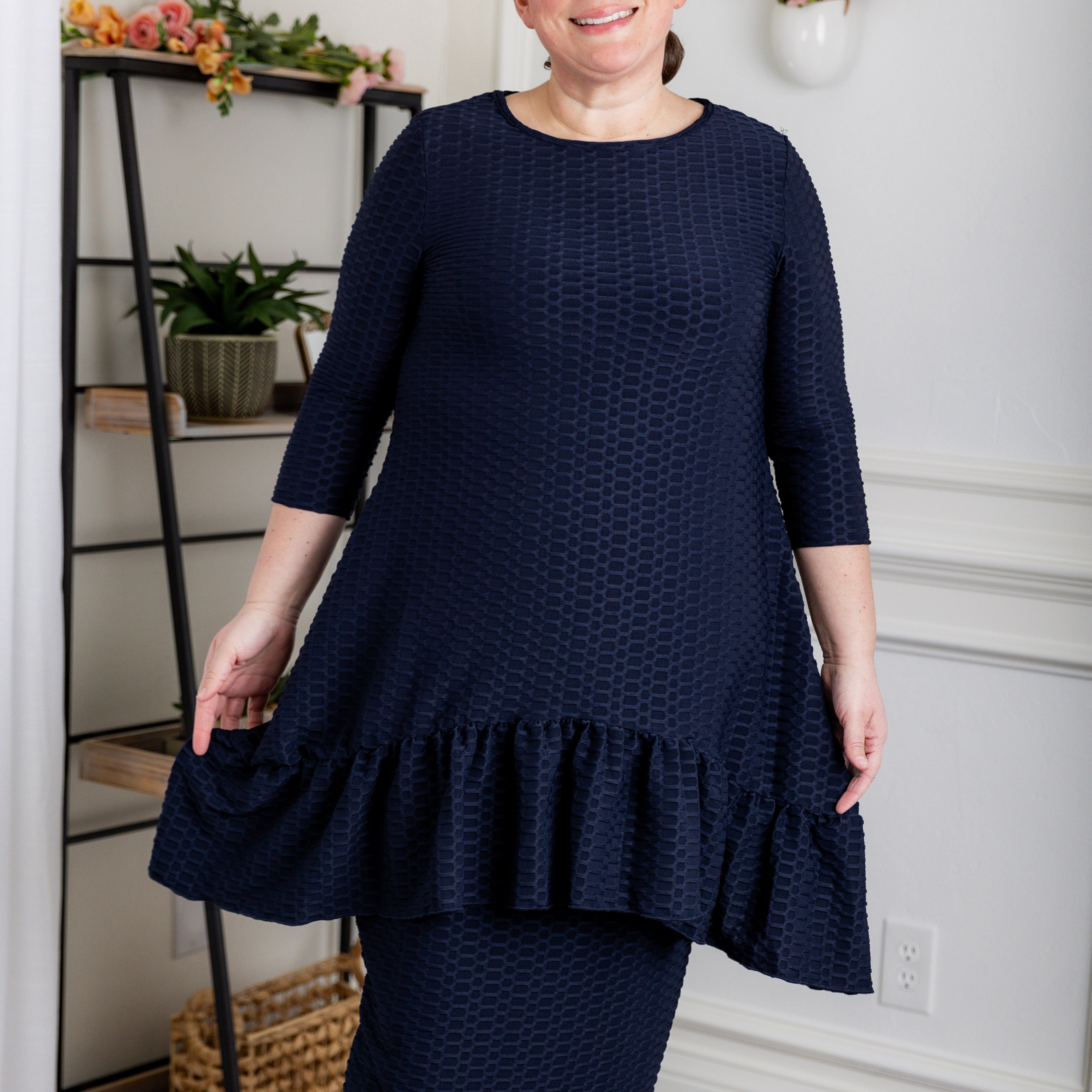 Modest solid Rose Top for women in textured fabric, long hip-length cut, paired with matching midi skirt from Nuggles®