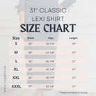 31" Classic Lexi Skirt size chart with waist, hip, and length measurements in inches for sizes S to XXXL. Length options: 27, 31, and 34 inches.