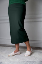31"Modest knit midi skirt with elastic waistband, available in various colors and lengths—27, 31, and 34 inches.
