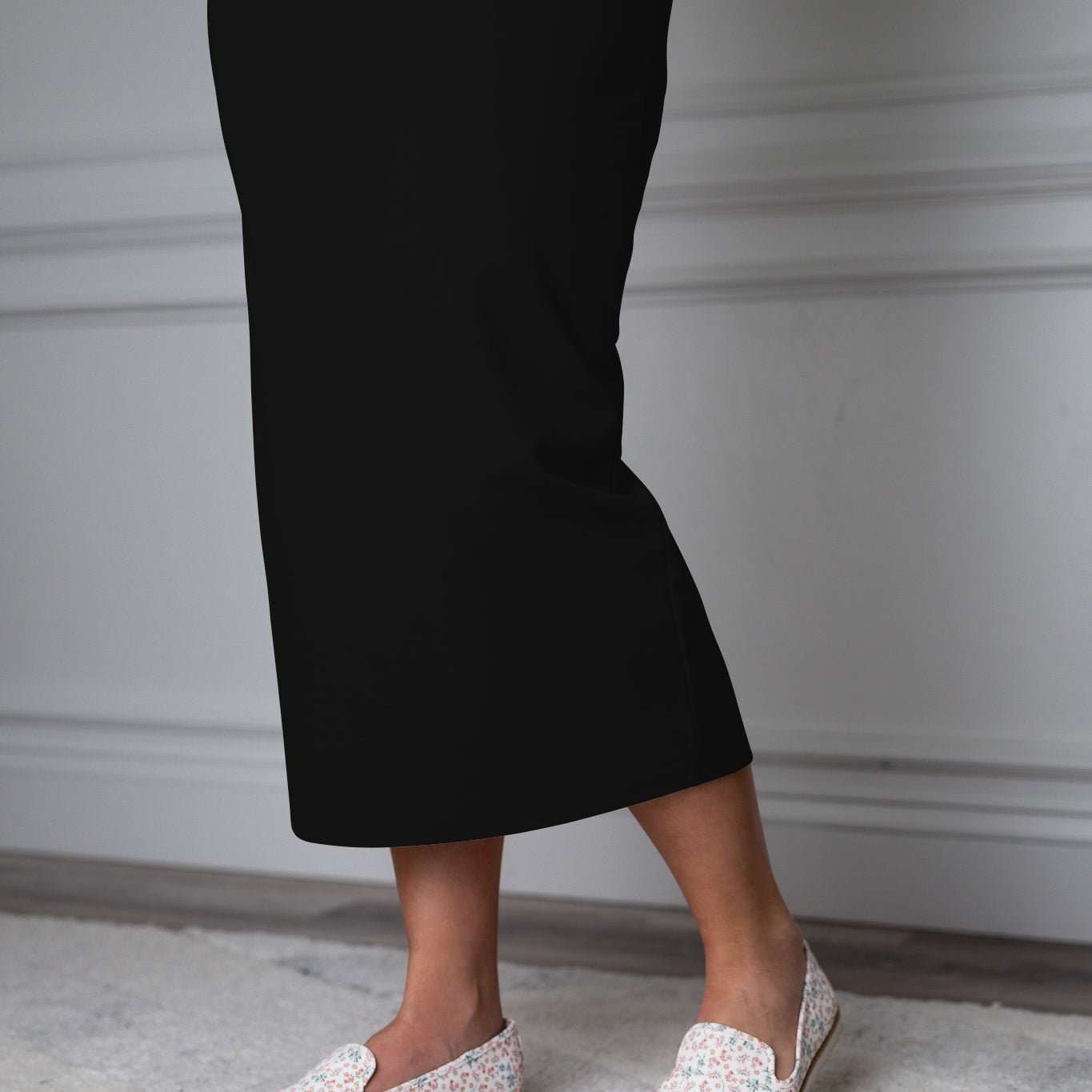 31"Modest knit midi skirt with elastic waistband, available in various colors and lengths—27, 31, and 34 inches.
