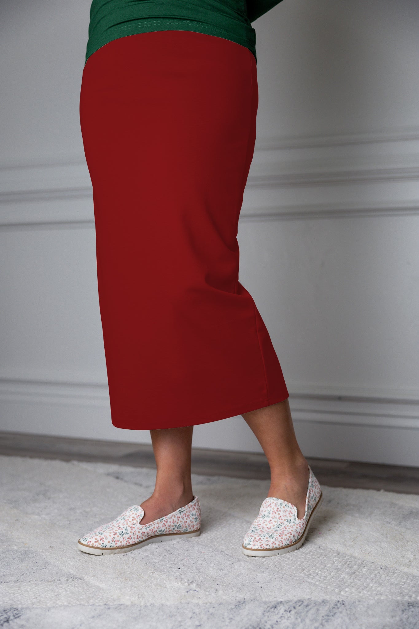 31"Modest knit midi skirt with elastic waistband, available in various colors and lengths—27, 31, and 34 inches.