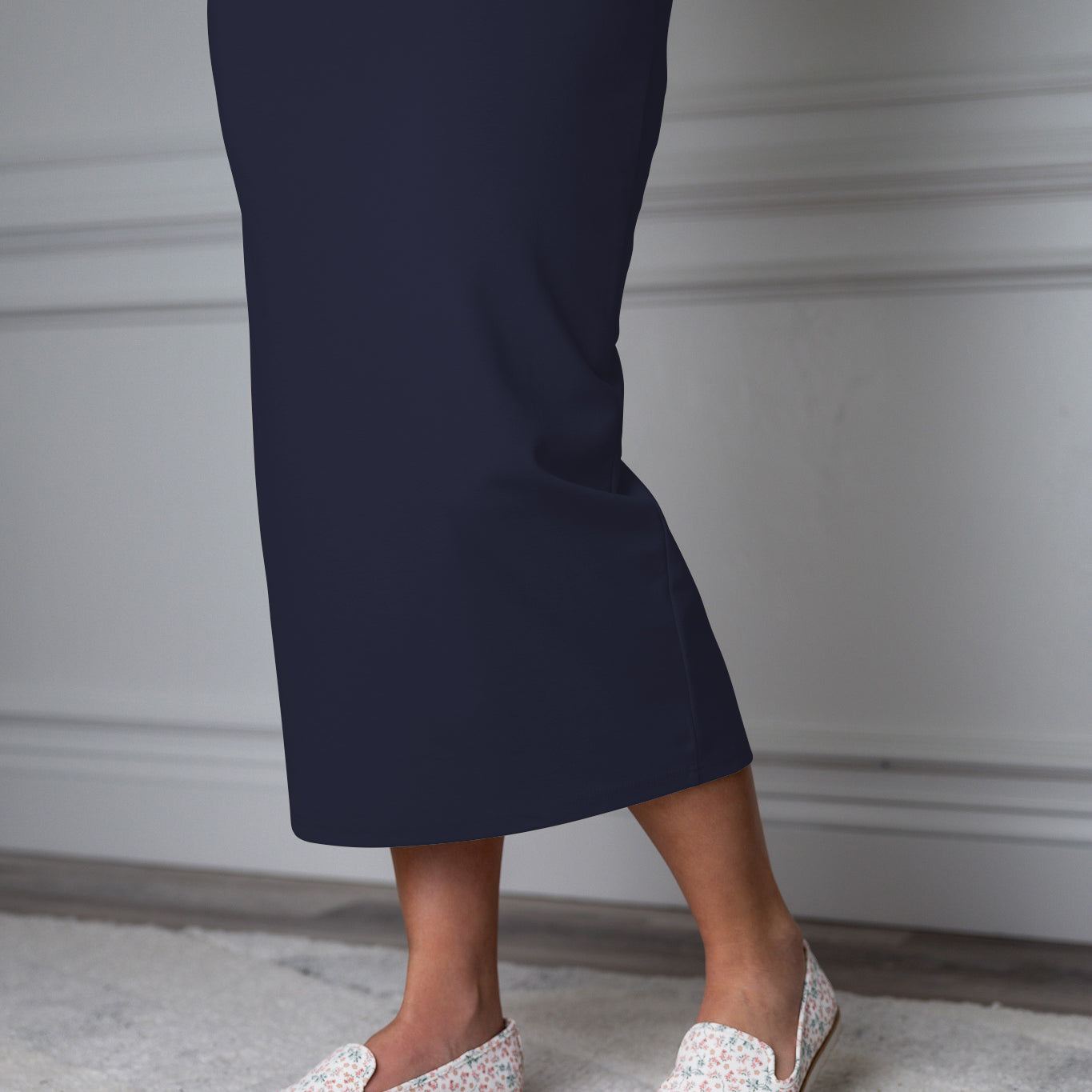 31"Modest knit midi skirt with elastic waistband, available in various colors and lengths—27, 31, and 34 inches.