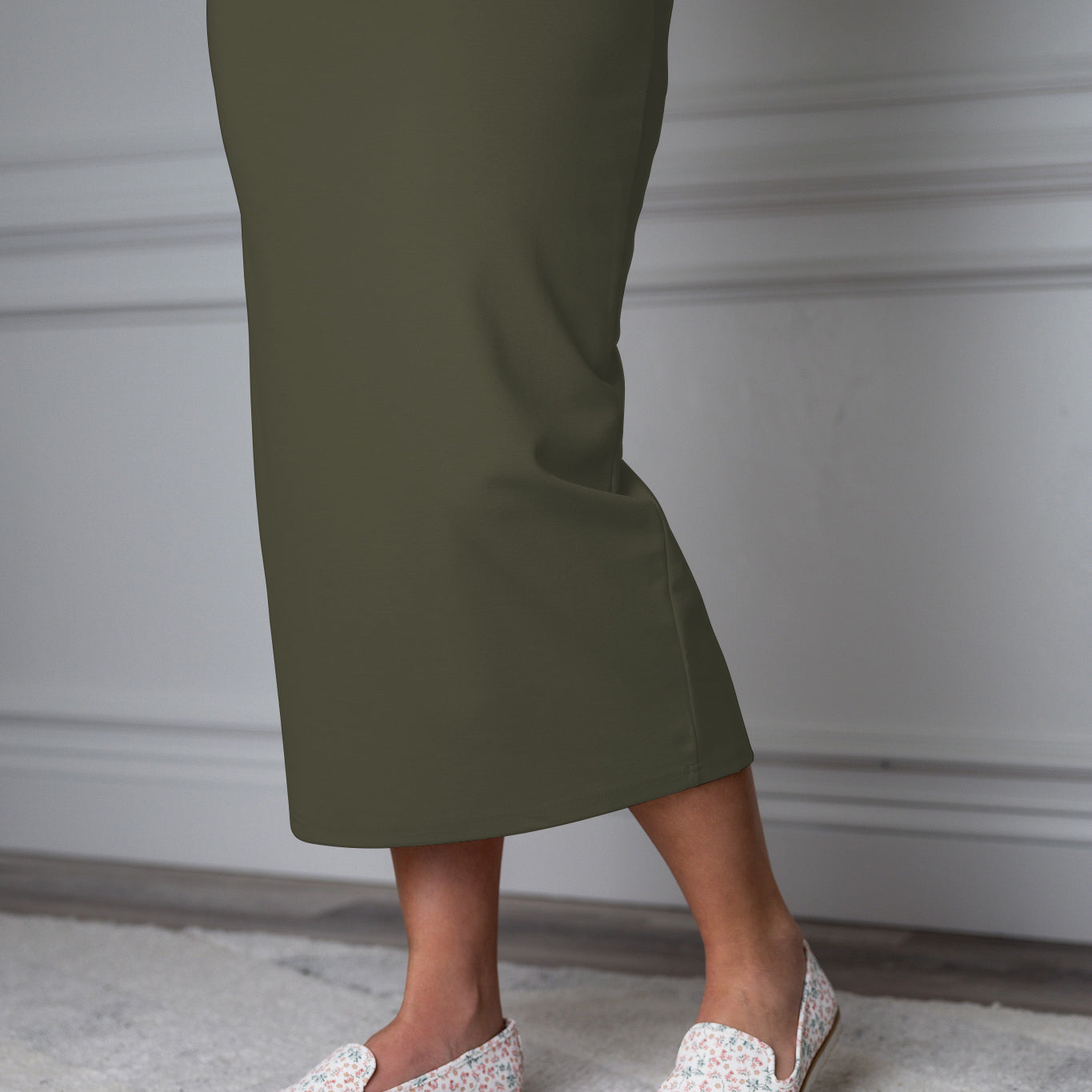 31"Modest knit midi skirt with elastic waistband, available in various colors and lengths—27, 31, and 34 inches.