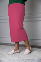31"Modest knit midi skirt with elastic waistband, available in various colors and lengths—27, 31, and 34 inches.