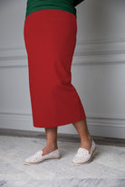 31"Modest knit midi skirt with elastic waistband, available in various colors and lengths—27, 31, and 34 inches.