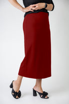 model wearing the Nuggles® Relaxed Midi Skirt in 31" length – modest and classic knit skirt.