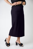model wearing the Nuggles® Relaxed Midi Skirt in 31" length – modest and classic knit skirt.