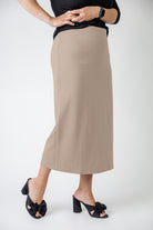 model wearing the Nuggles® Relaxed Midi Skirt in 31" length – modest and classic knit skirt.