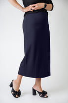 model wearing the Nuggles® Relaxed Midi Skirt in 31" length – modest and classic knit skirt.