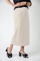 model wearing the Nuggles® Relaxed Midi Skirt in 31" length – modest and classic knit skirt.