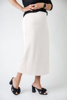 model wearing the Nuggles® Relaxed Midi Skirt in 31" length – modest and classic knit skirt.