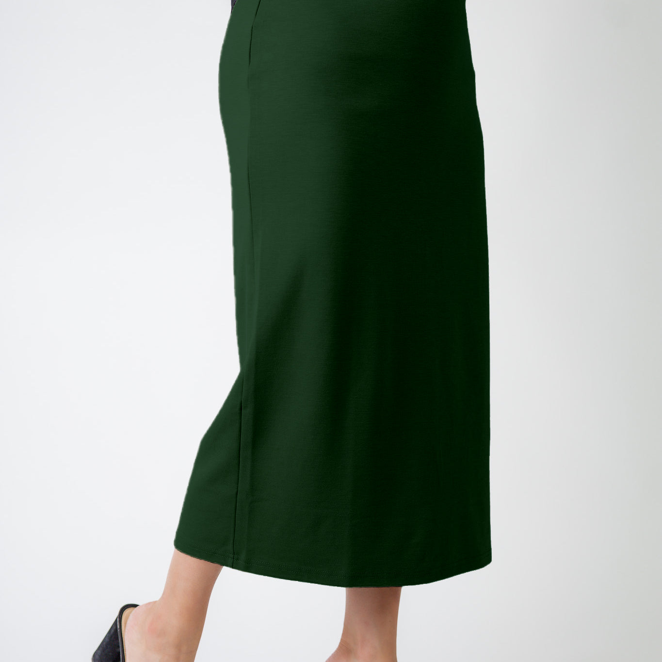 model wearing the Nuggles® Relaxed Midi Skirt in 31" length – modest and classic knit skirt.