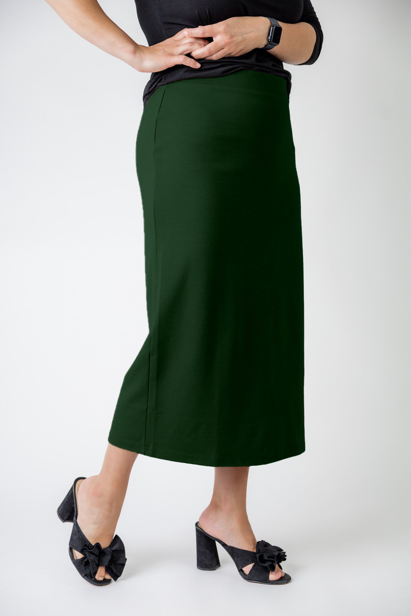 model wearing the Nuggles® Relaxed Midi Skirt in 31" length – modest and classic knit skirt.