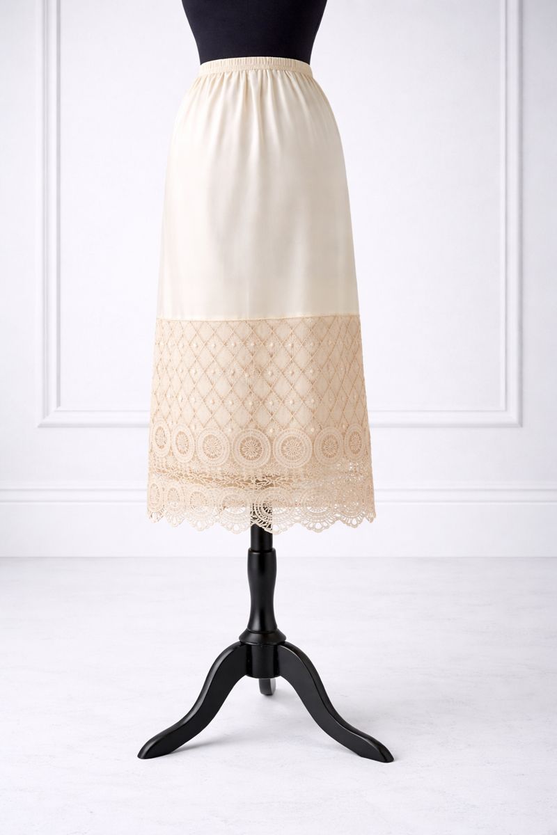 Our modest Nuggles® 31" crochet lace slip in Beige