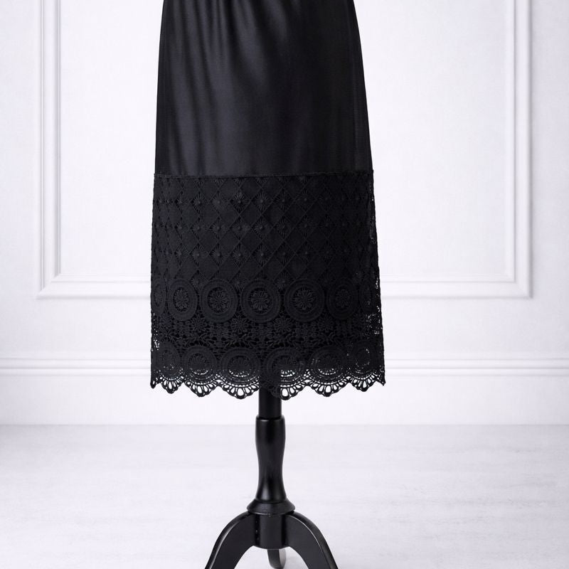 Our modest Nuggles® 31" crochet lace slip in Black