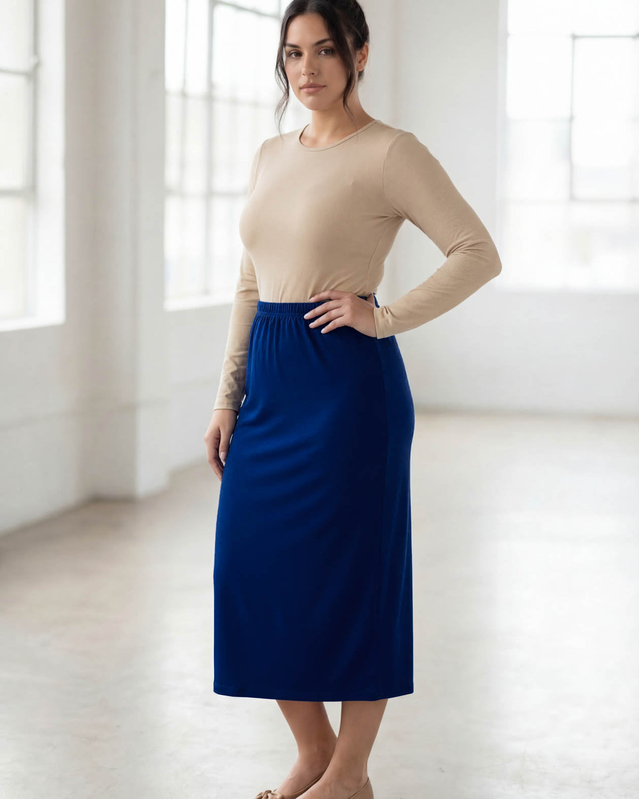 Model wearing Nuggles® 31" Classic Skirt in Dark Royal