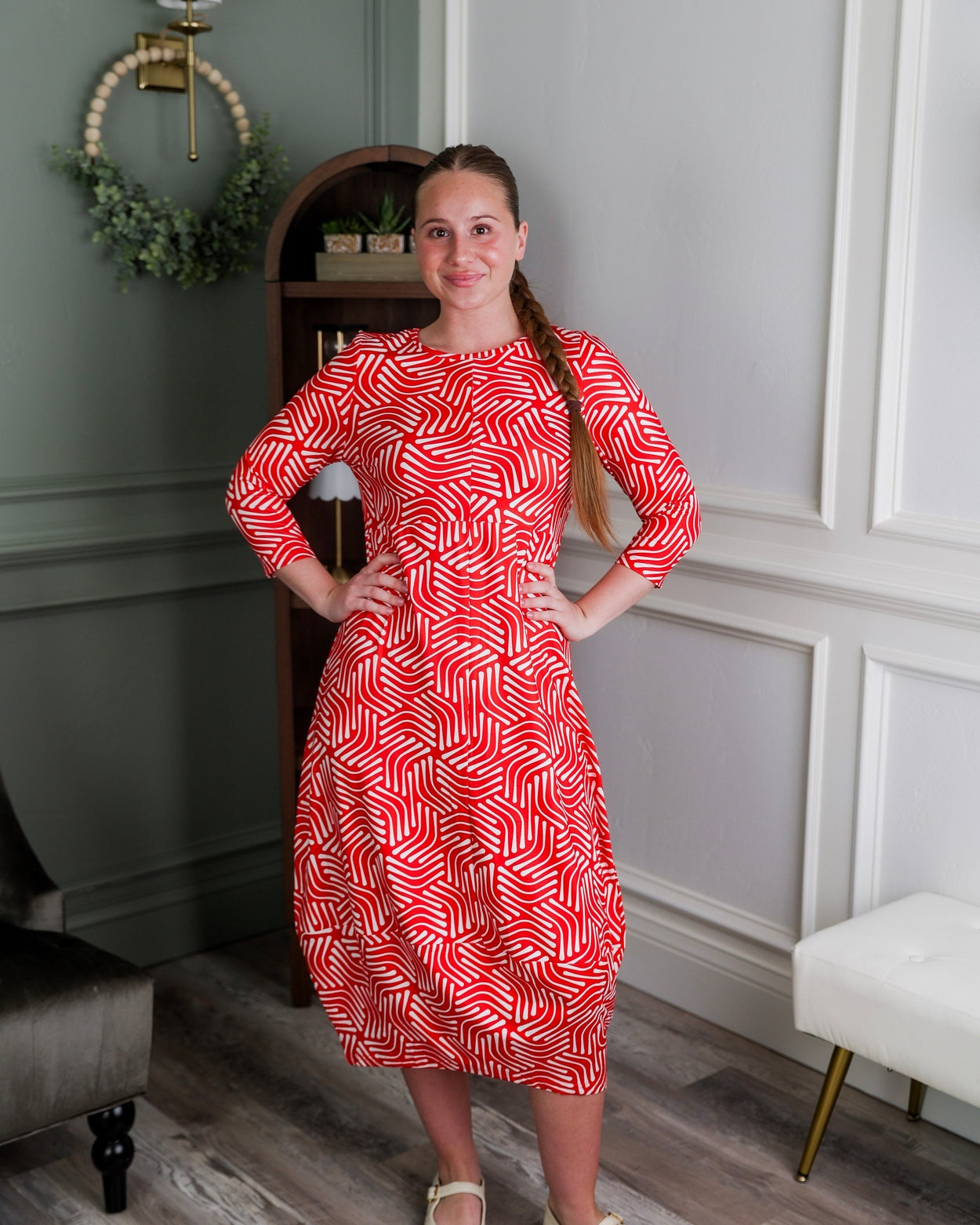 Model wearing Modest Nuggles® Cindy Bubble Dress in Berry Maze