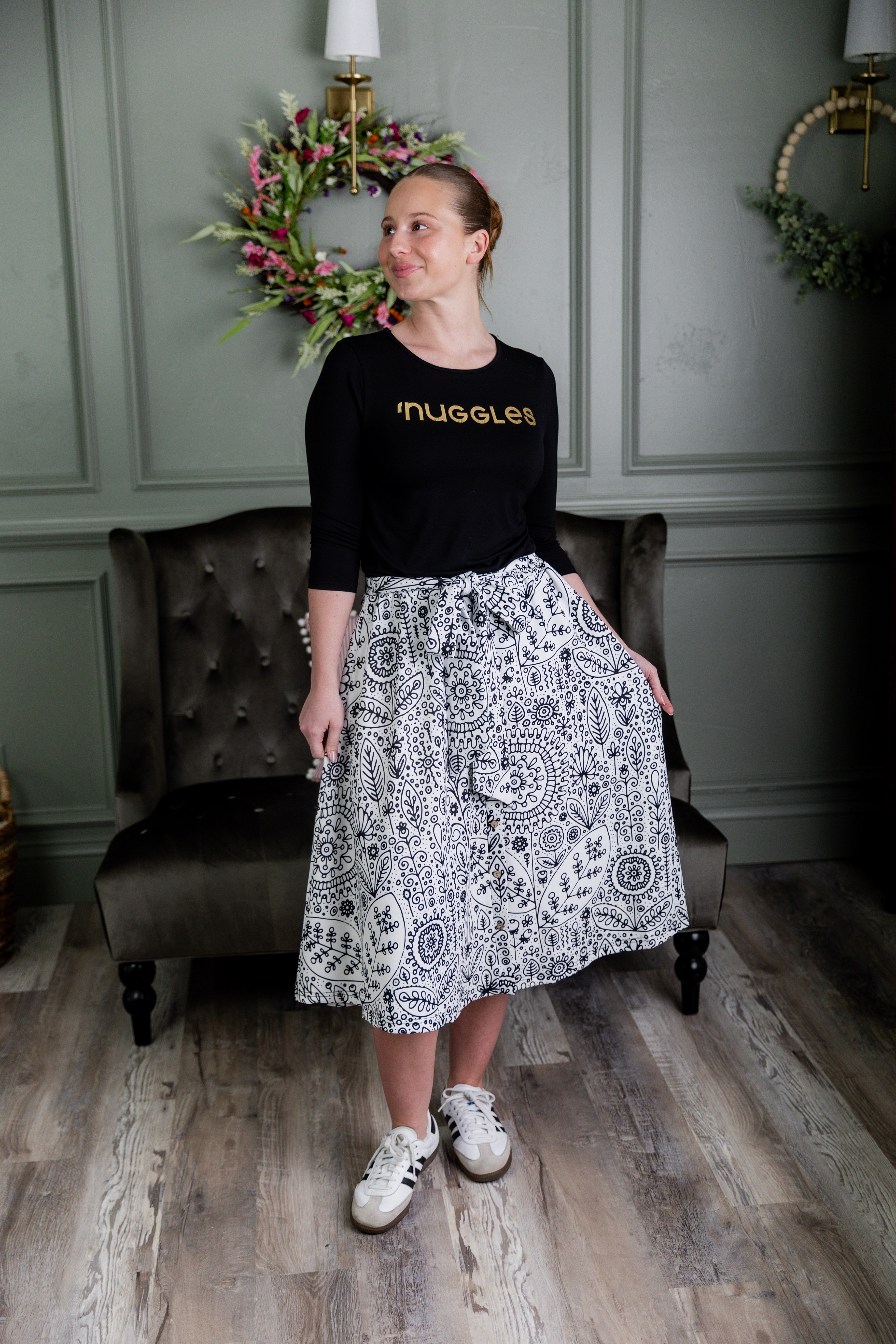 Nuggles® Bria Skirt Sunday Sketch doodle print midi skirt with waist tie