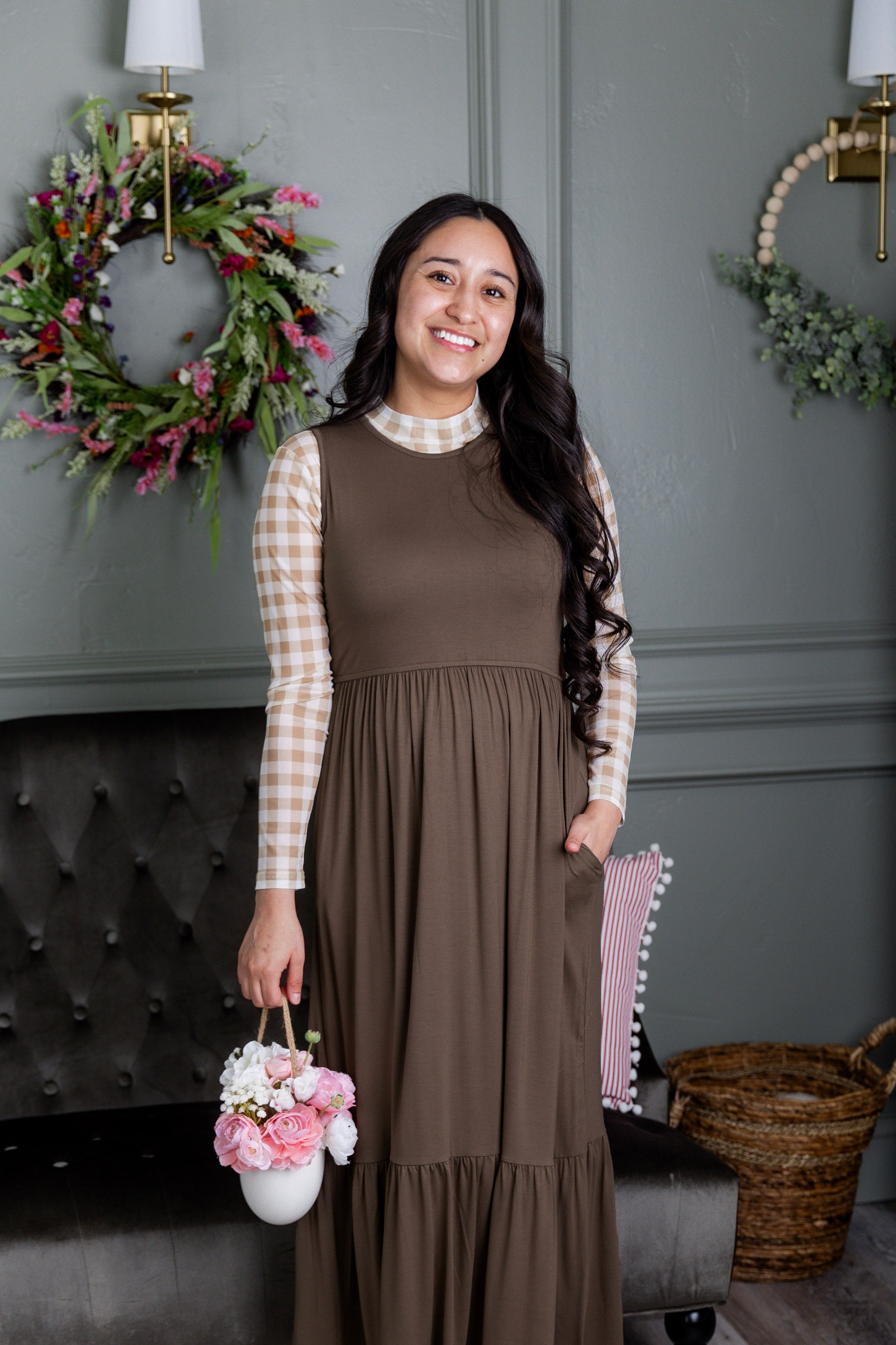 Model wearing the Nuggles® Riley Dress in Mocha Brown and Mesh Tee in Sugarcone Gingham