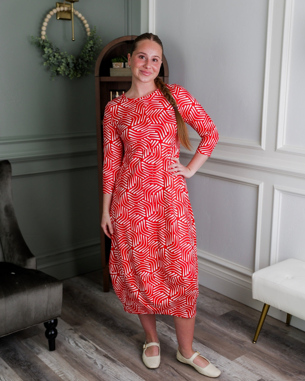 Model wearing Modest Nuggles® Cindy Bubble Dress in Berry Maze