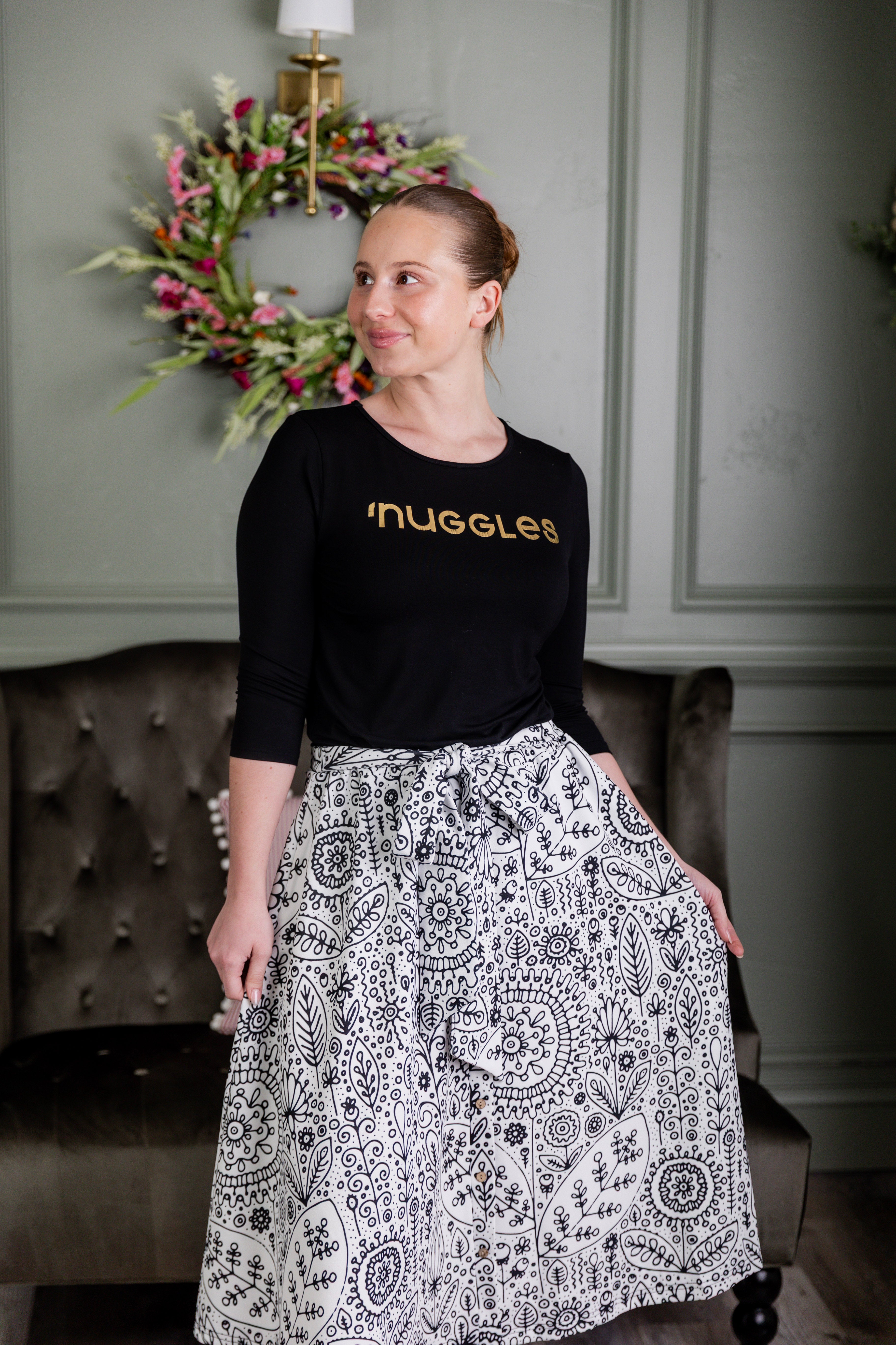 Nuggles® Bria Skirt Sunday Sketch doodle print midi skirt with waist tie