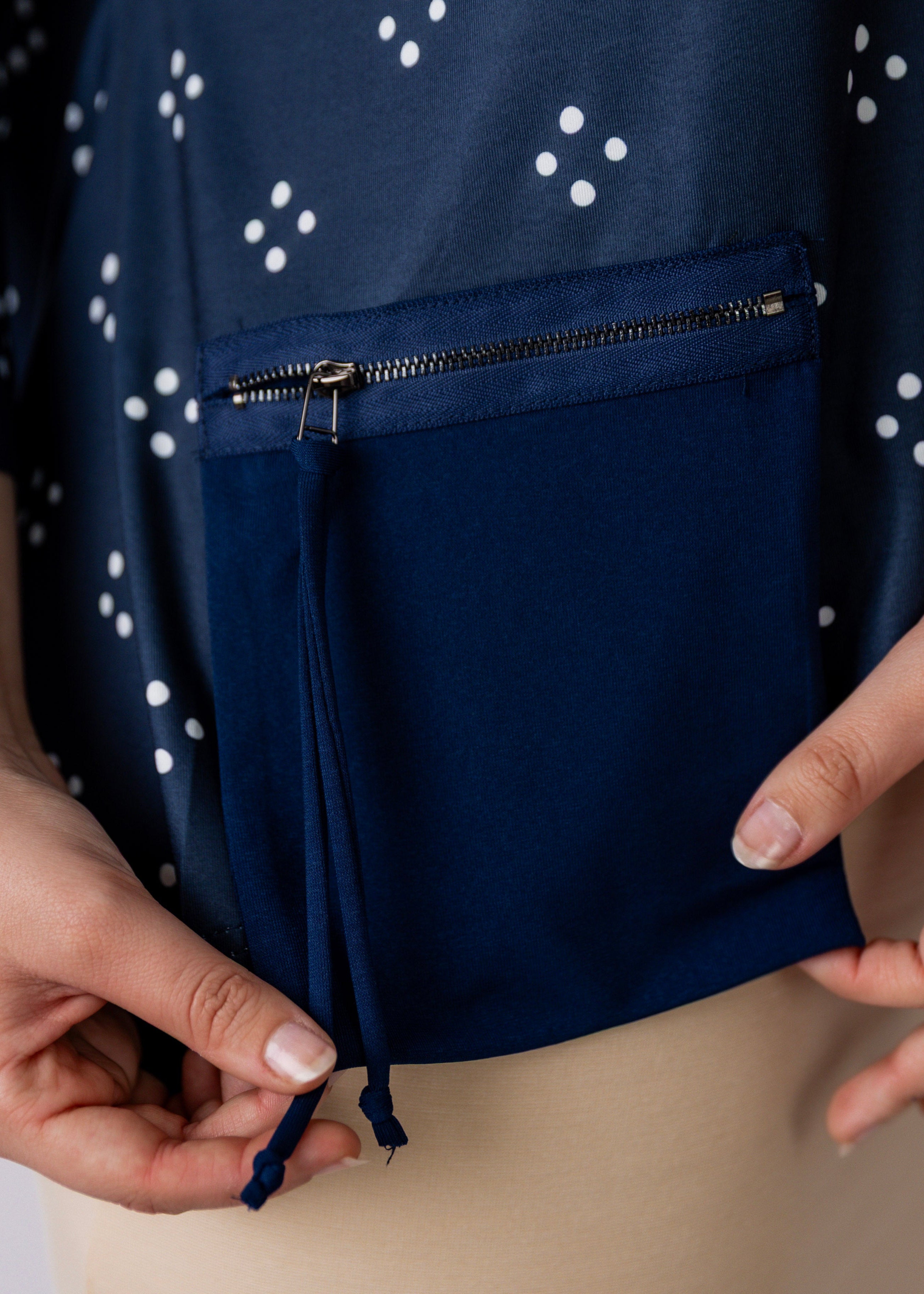 Model wearing the Nuggles® Keegan Top in Starlit Navy print modest boutique top