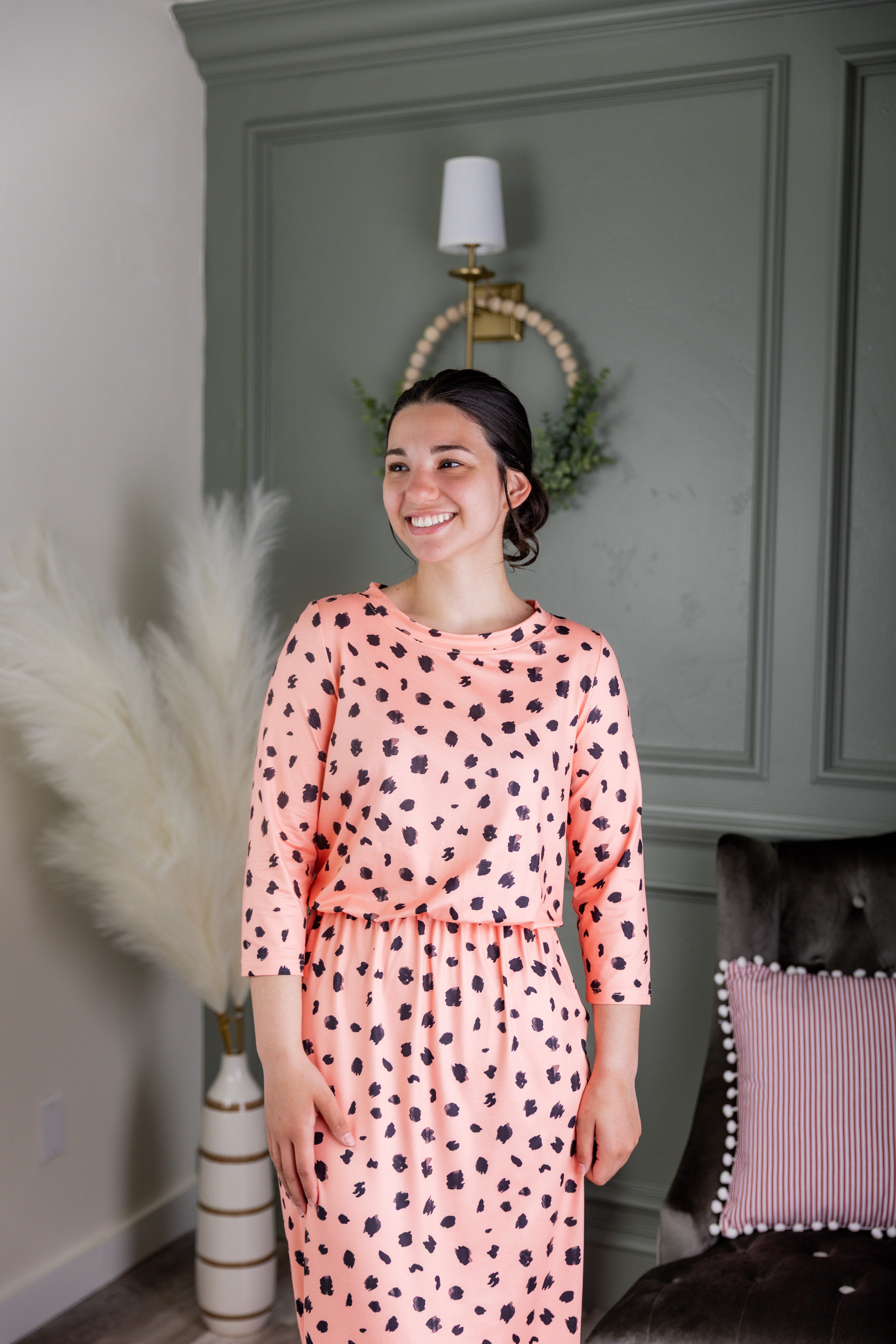 Model wearing Modest Nuggles® Harper Jane Dress in Sweetheart